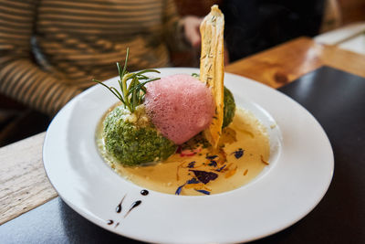 Close-up of dessert in plate on table