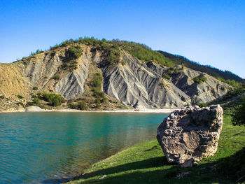 Scenic view of rocks and sea against clear blue sky