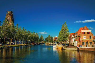 Scenic view of river by buildings against blue sky