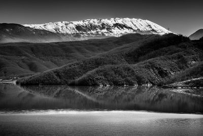 Scenic view of lake and mountains against sky