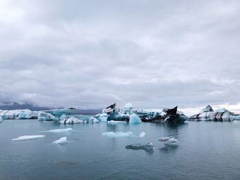 Icebergs in sea against sky