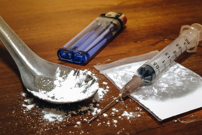 High angle view of glasses on table