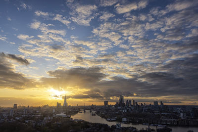 Scenic view of buildings against sky during sunset