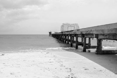 Pier on beach against sky