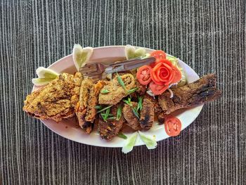 High angle view of meal served on table