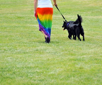 Low section of people with dog on field