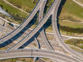 High angle view of bridge over road in city