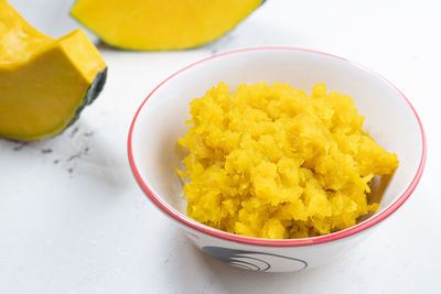 High angle view of fruits in bowl on table