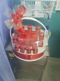 High angle view of red wine in glass on table