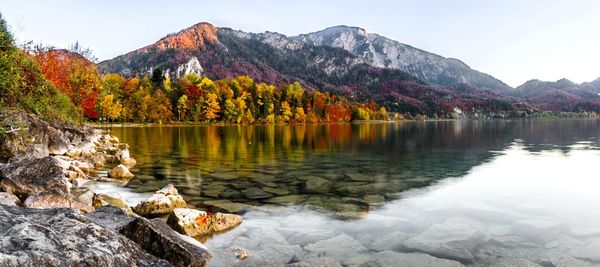 Scenic view of lake and mountains against sky