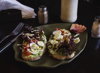 High angle view of food served on table