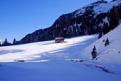 People skiing on snow covered landscape