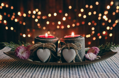 Close-up of illuminated candles on table