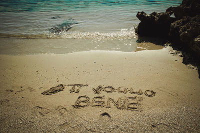 High angle view of text on beach