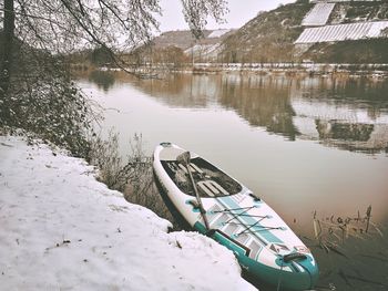 Scenic view of lake by snowcapped mountains during winter