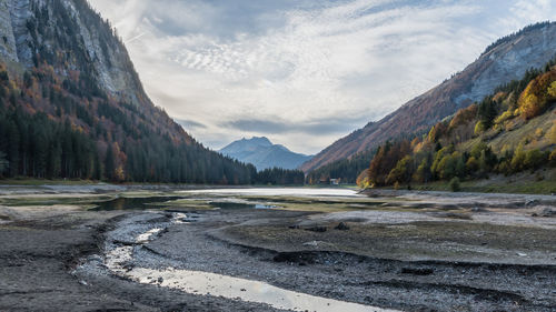 Scenic view of lake and mountains against sky