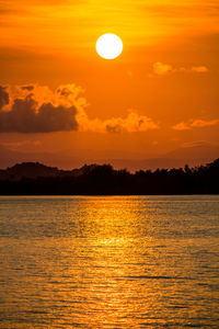 Scenic view of sea against orange sky