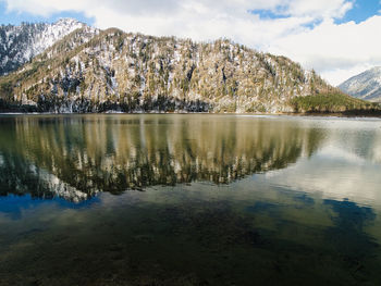 Scenic view of lake and mountains against sky