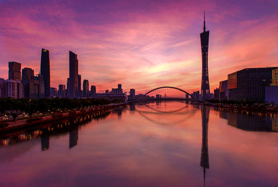 Reflection of city at sunset