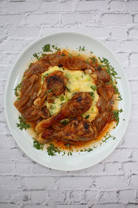 High angle view of breakfast served in plate