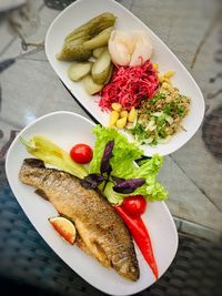 High angle view of food in plate on table