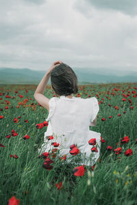 Rear view of woman on poppy field against sky