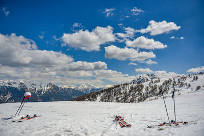 Scenic view of snowcapped mountains against sky