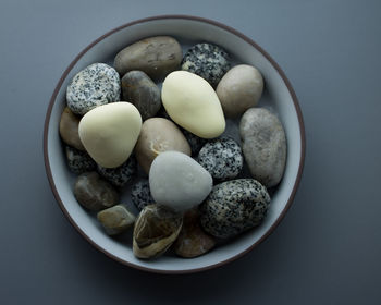 High angle view of eggs in bowl on table