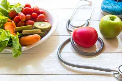 High angle view of fruits in bowl on table