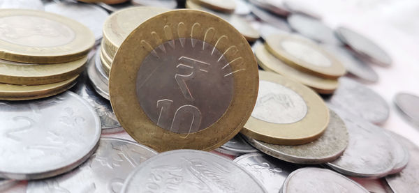 High angle view of coins