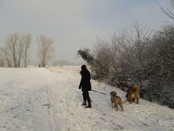 Side view of young woman with dogs walking on snow field against sky