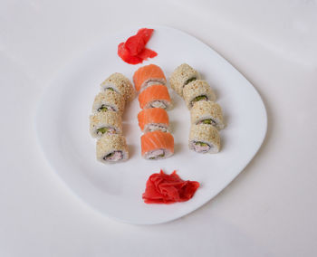 High angle view of sushi served in plate