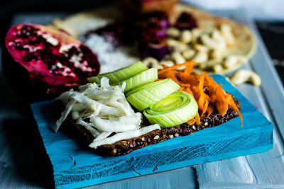 High angle view of meat on cutting board