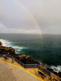 Scenic view of rainbow over sea against sky