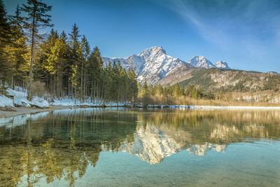 Scenic view of lake and mountains against blue sky