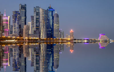 Reflection of illuminated buildings in sea at night