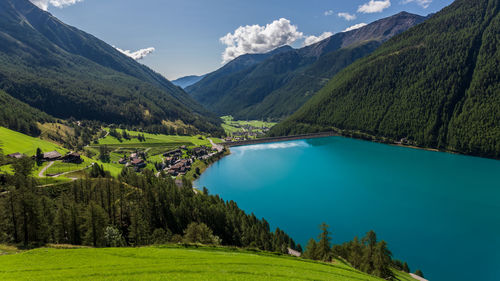 Vernago lake landscape taken from surrounding mountains, senales, italy