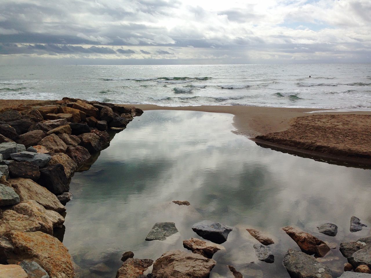 sea, water, horizon over water, sky, cloud - sky, scenics, beach, tranquil scene, tranquility, beauty in nature, shore, cloudy, rock - object, nature, cloud, idyllic, stone - object, weather, outdoors, day