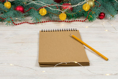 High angle view of christmas decorations on table