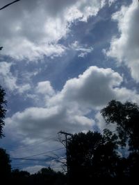 Low angle view of trees against cloudy sky