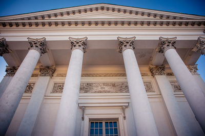 Low angle view of historical building against clear blue sky