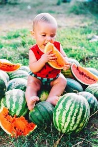Cute baby boy eating watermelon on land