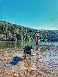 Full length of dog standing in water against sky