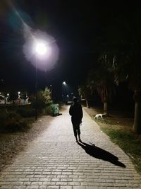 Rear view of man walking on street at night