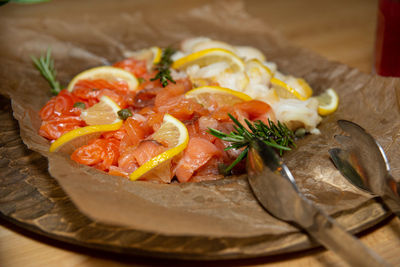 Close-up of food in plate on table