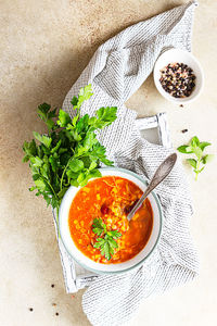 Hot and spicy, thick lentil and red bean soup with canned tomatoes and coriander. 