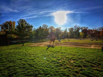 Girl riding horse on field against sky