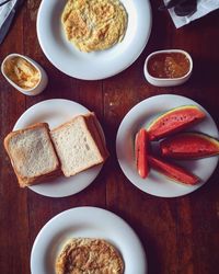 High angle view of breakfast served on table