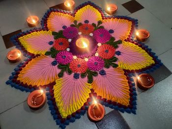 High angle view of illuminated christmas lights on table