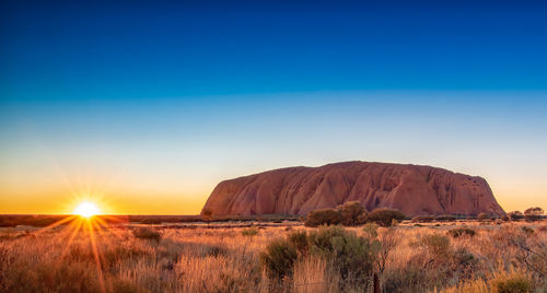 Scenic view of landscape against clear sky during sunset